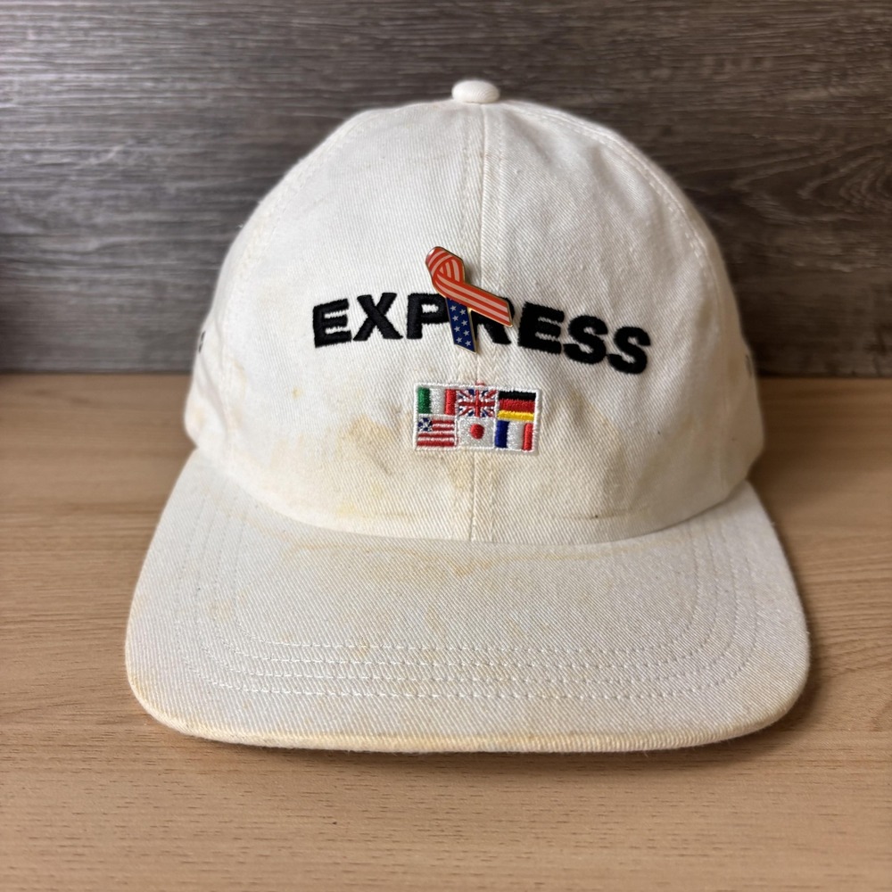 Vintage Express Hat Strap Back White Embroidered Flags Mens Made in USA World